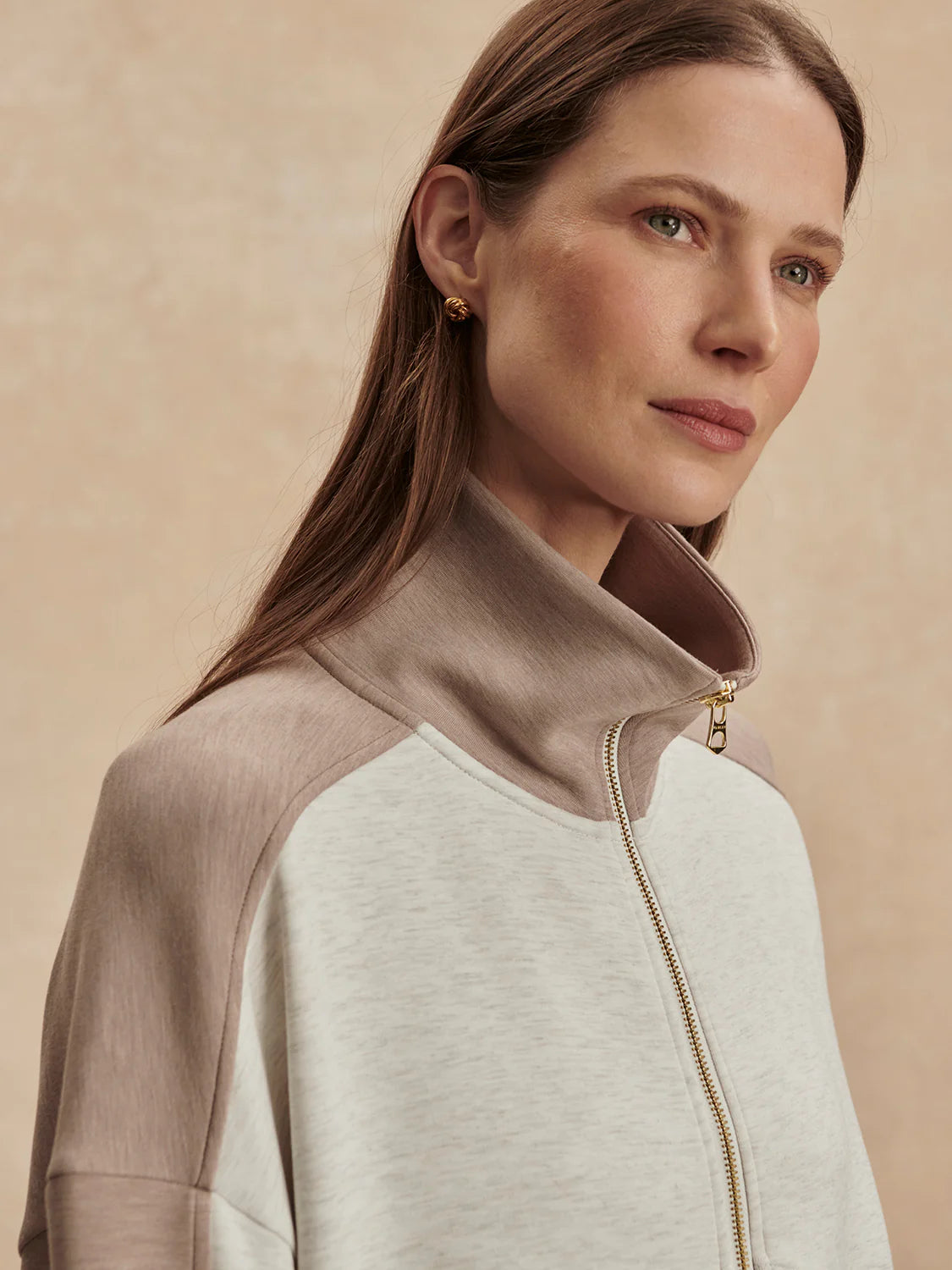 Varley Garcia 2 Tone Zip Through Sweat in Ivory Marl/Taupe Marl at Baseline Social