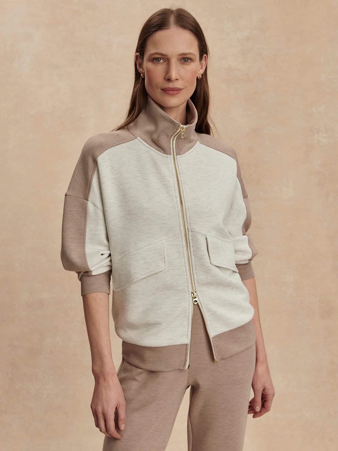 Varley Garcia 2 Tone Zip Through Sweat in Ivory Marl/Taupe Marl at Baseline Social