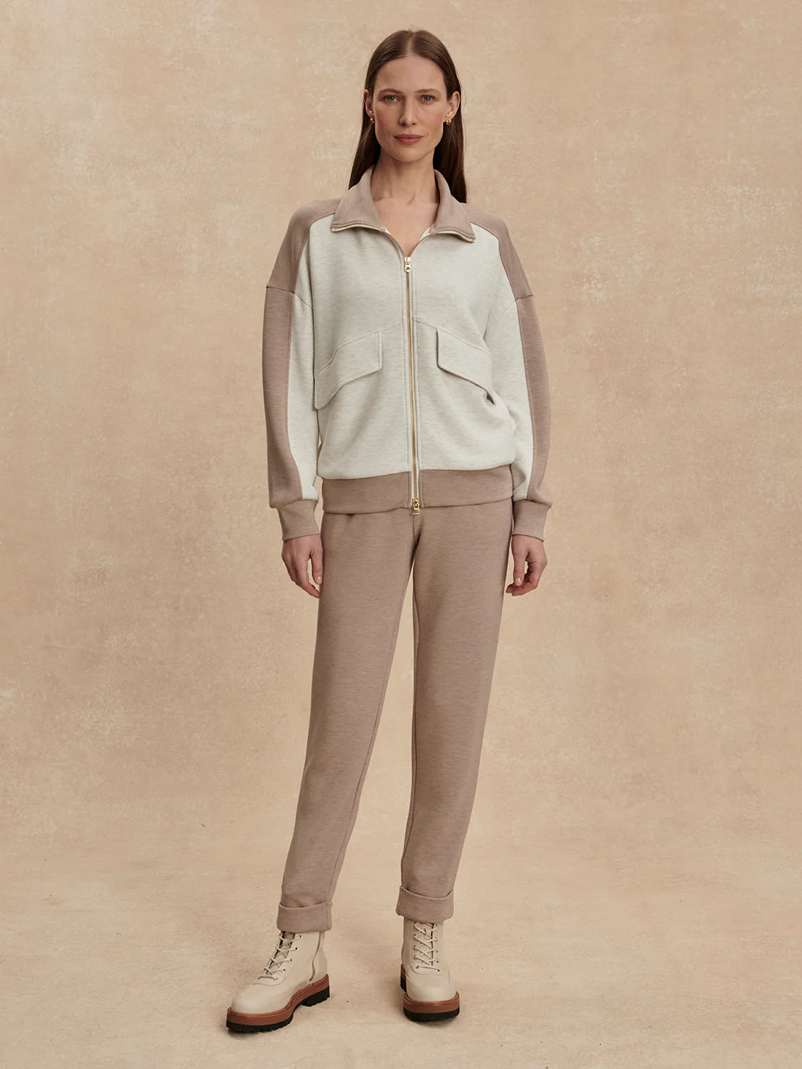 Varley Garcia 2 Tone Zip Through Sweat in Ivory Marl/Taupe Marl at Baseline Social