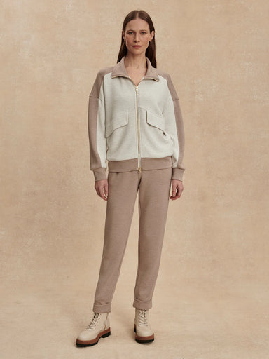 Varley Garcia 2 Tone Zip Through Sweat in Ivory Marl/Taupe Marl at Baseline Social