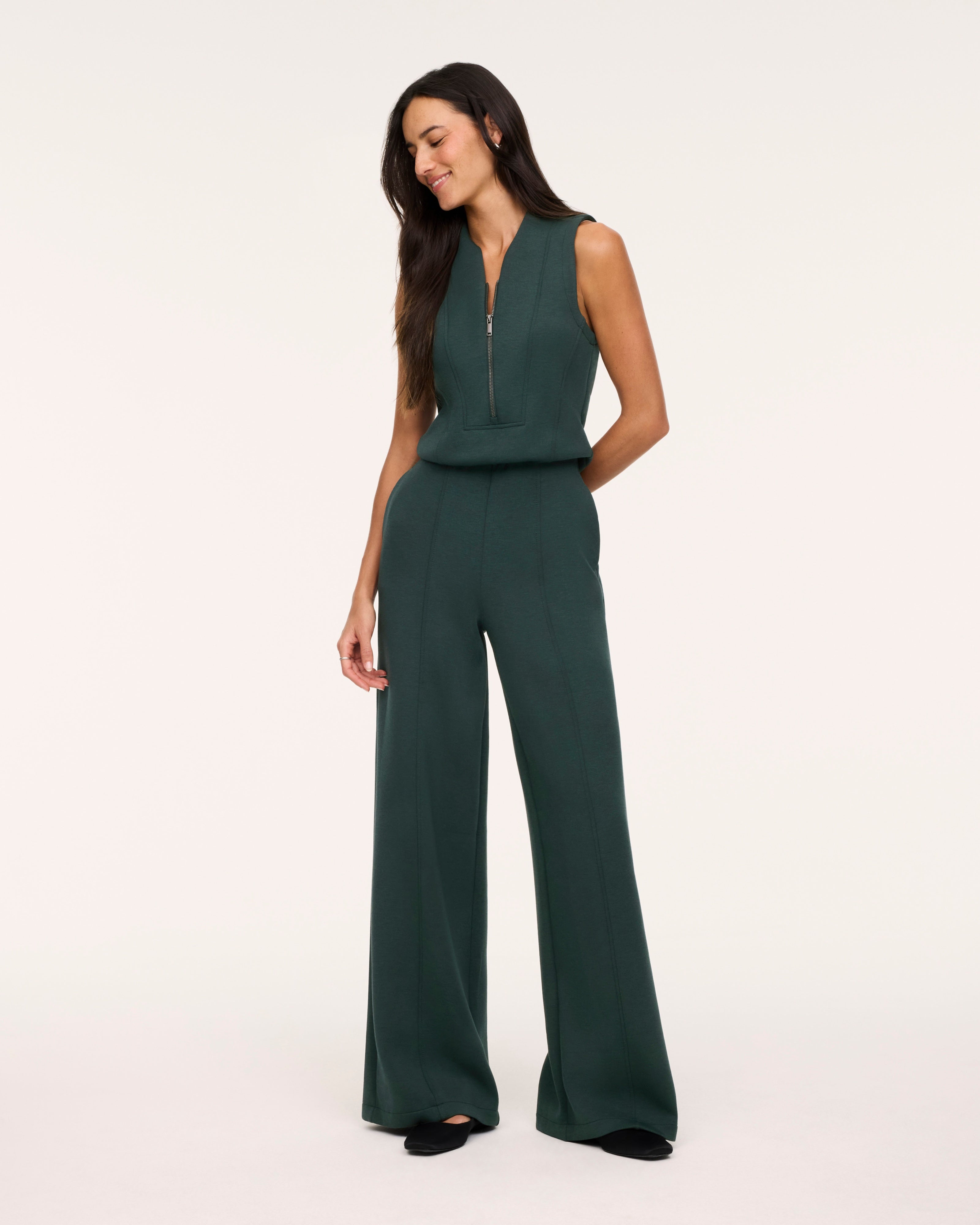 Spanx AirEssentials Shawl Collar Half Zip Jumpsuit in Night Forest Heather at Baseline Social